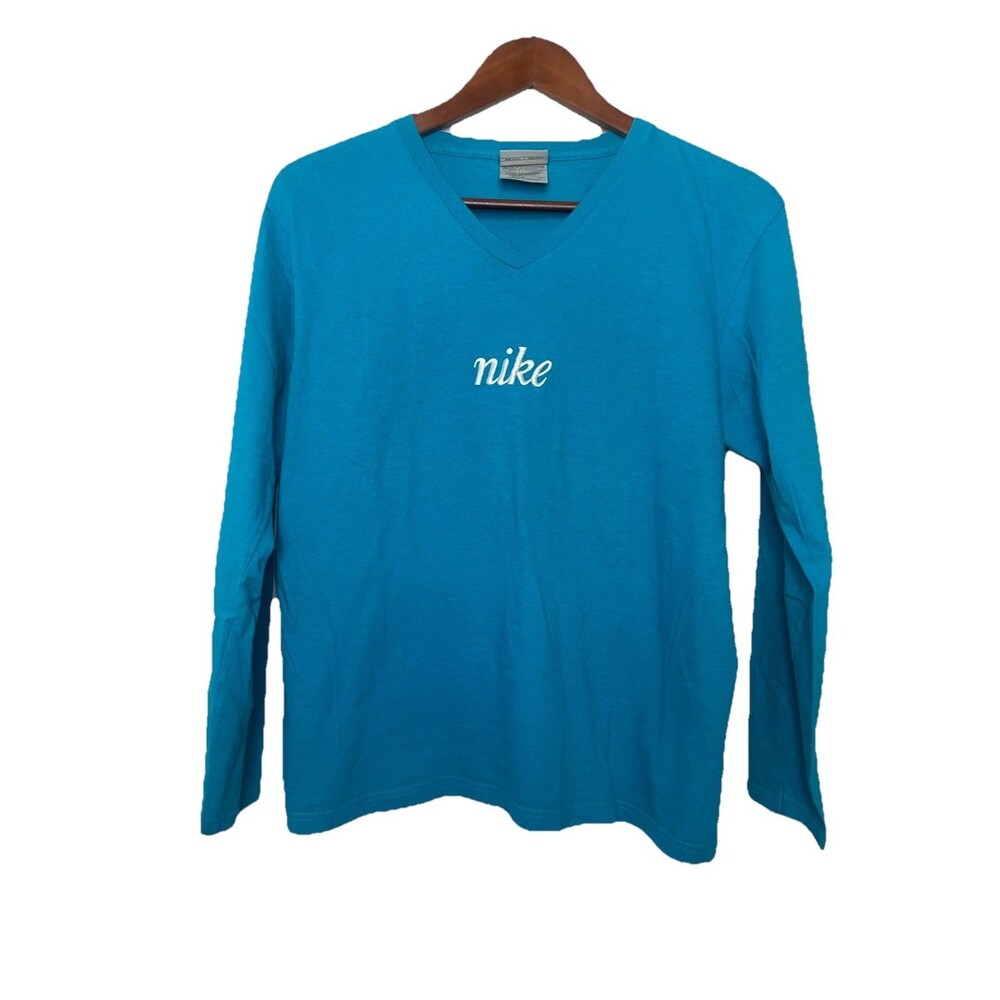 Nike Women's Medium Blue Vneck Long Sleeve Tshirt Logo Y2K Shirt